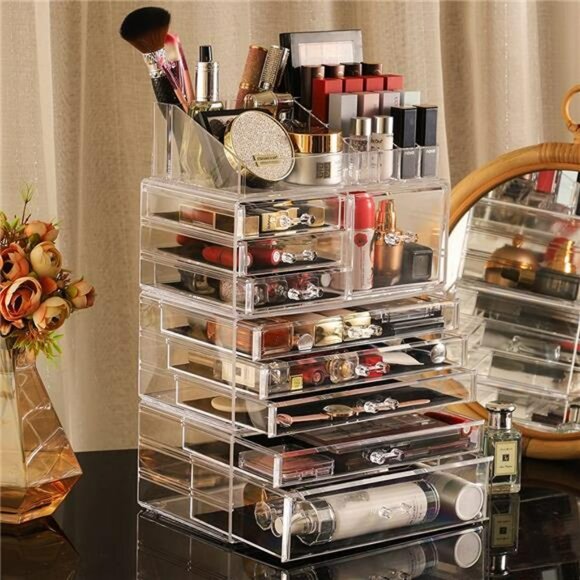 Large Clear Acrylic Makeup Organizer 9 Drawer Vanity Skincare Storage Box - Picture 4 of 7